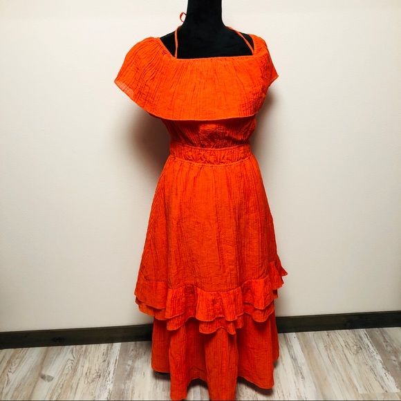 NEW Endless Rose Orange Tiered Midi Dress Small - Picture 2 of 8